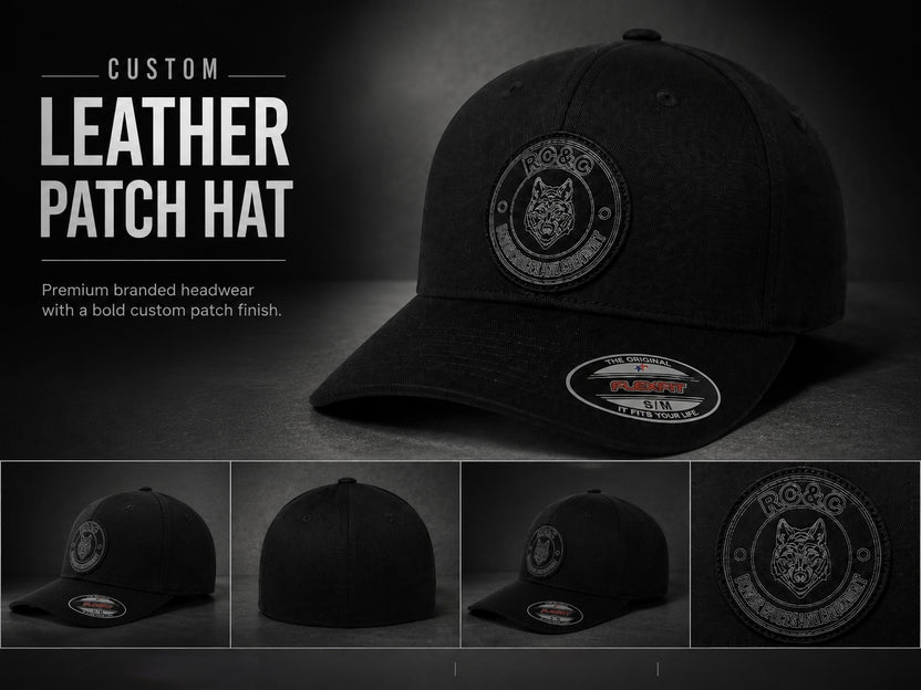 Custom leather logo patch on a black business hat