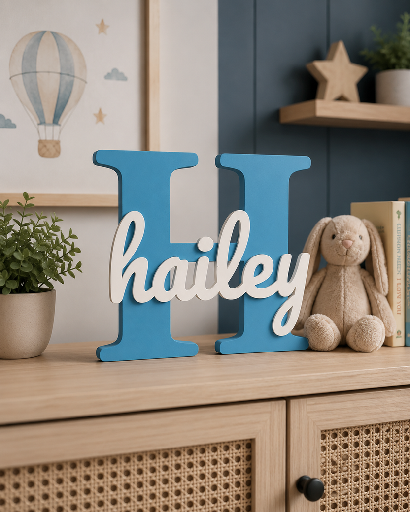 Blue personalized wooden name letter for Hailey