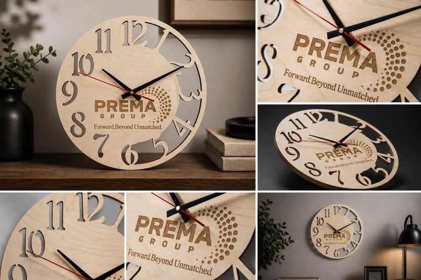 Custom branded wooden clock for Prema