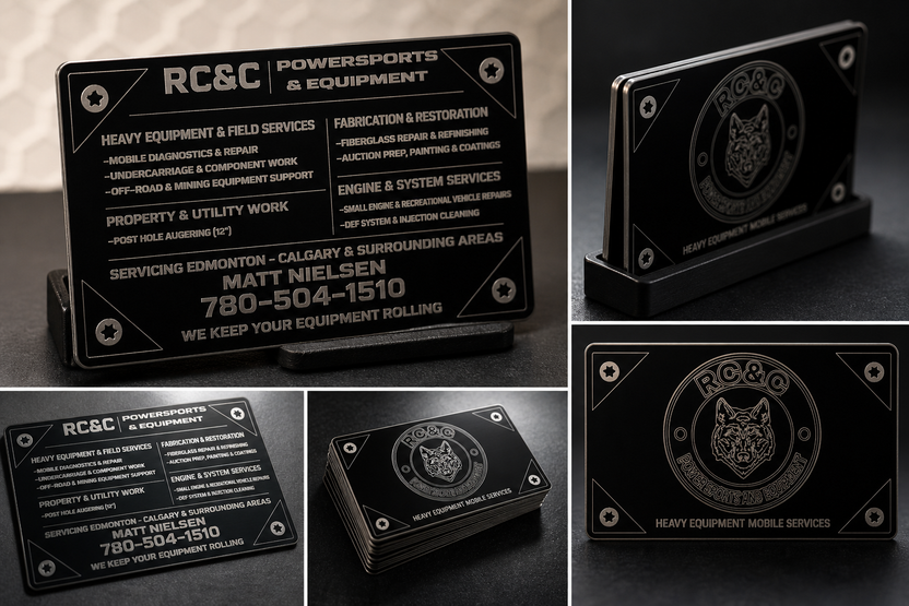 Premium engraved metal business cards for RCSC PowerSports and Equipment