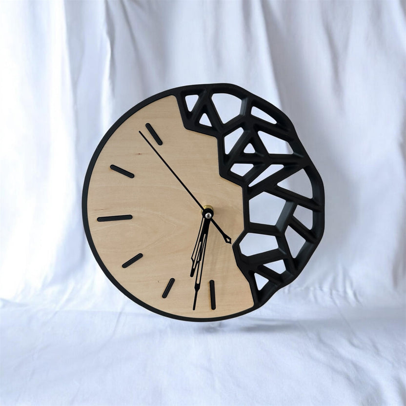 Modern wood and black geometric wall clock