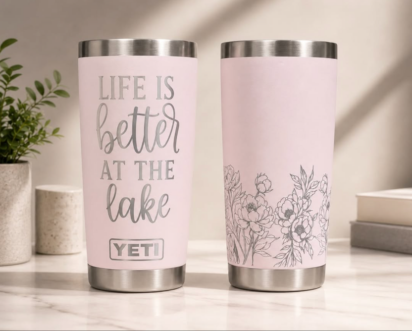 Pink personalized lake-themed tumbler